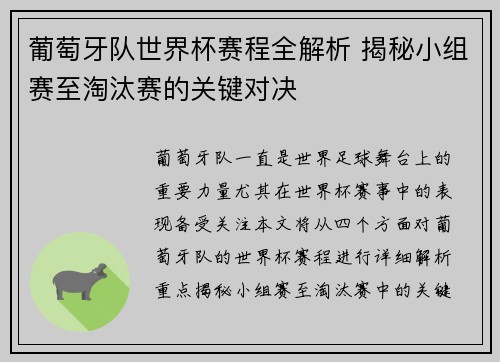 葡萄牙队世界杯赛程全解析 揭秘小组赛至淘汰赛的关键对决