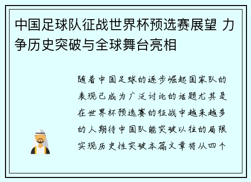 中国足球队征战世界杯预选赛展望 力争历史突破与全球舞台亮相