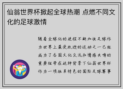 仙翁世界杯掀起全球热潮 点燃不同文化的足球激情