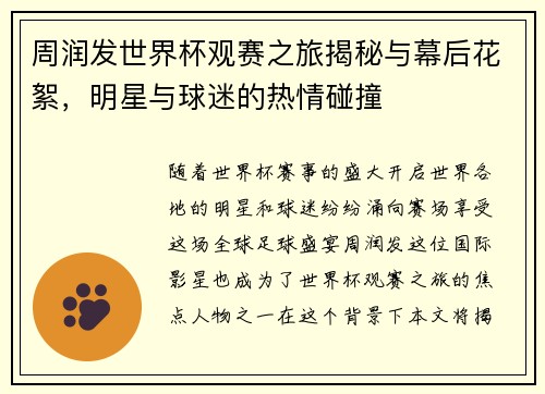 周润发世界杯观赛之旅揭秘与幕后花絮，明星与球迷的热情碰撞